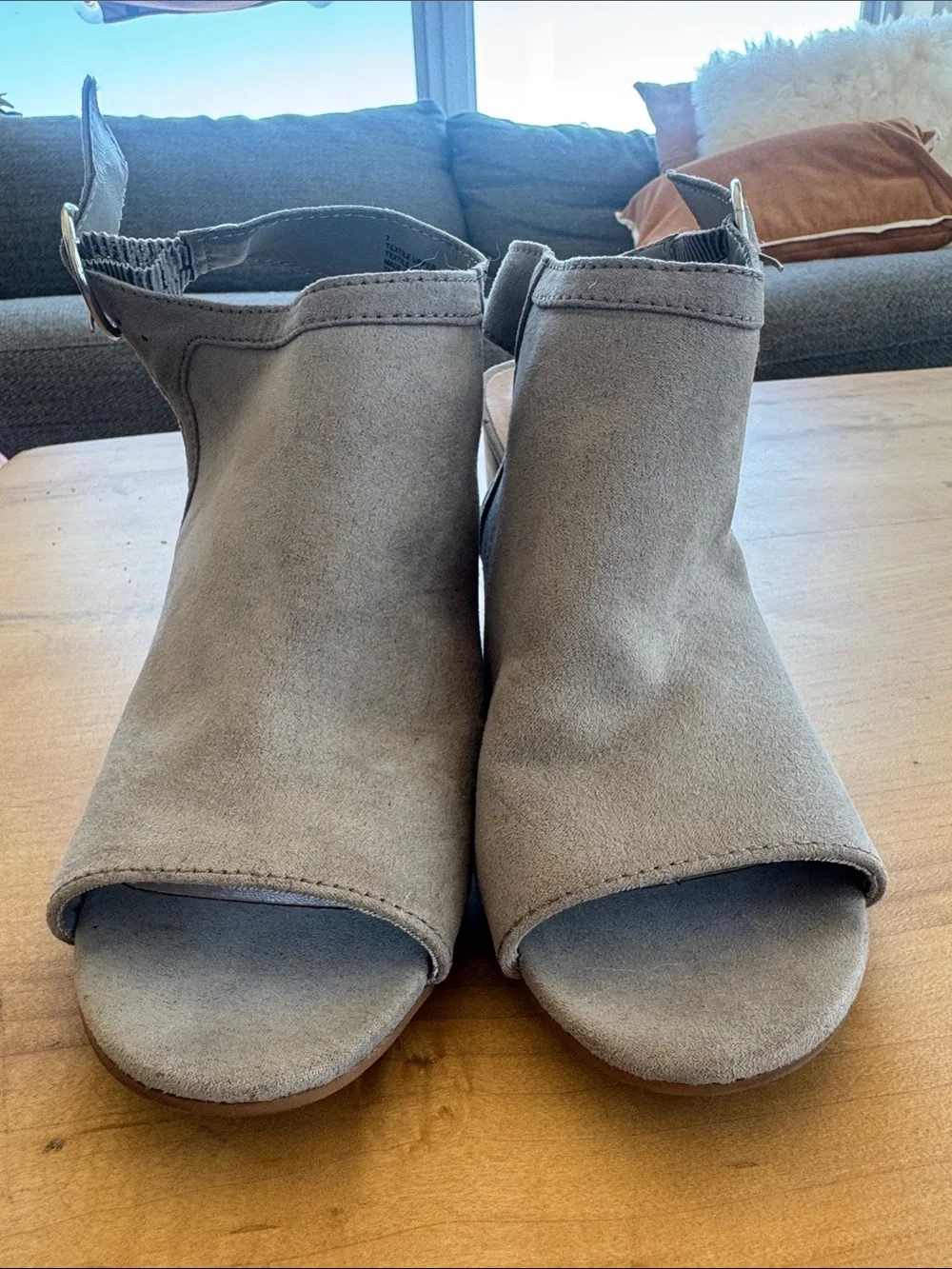 a new day Gray Open-Toe Suede Ankle Strap Sandals with Round Silver Buckle